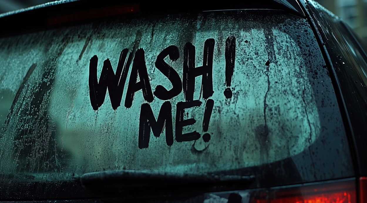 A dirty car's back window with the words "WASH ME!"