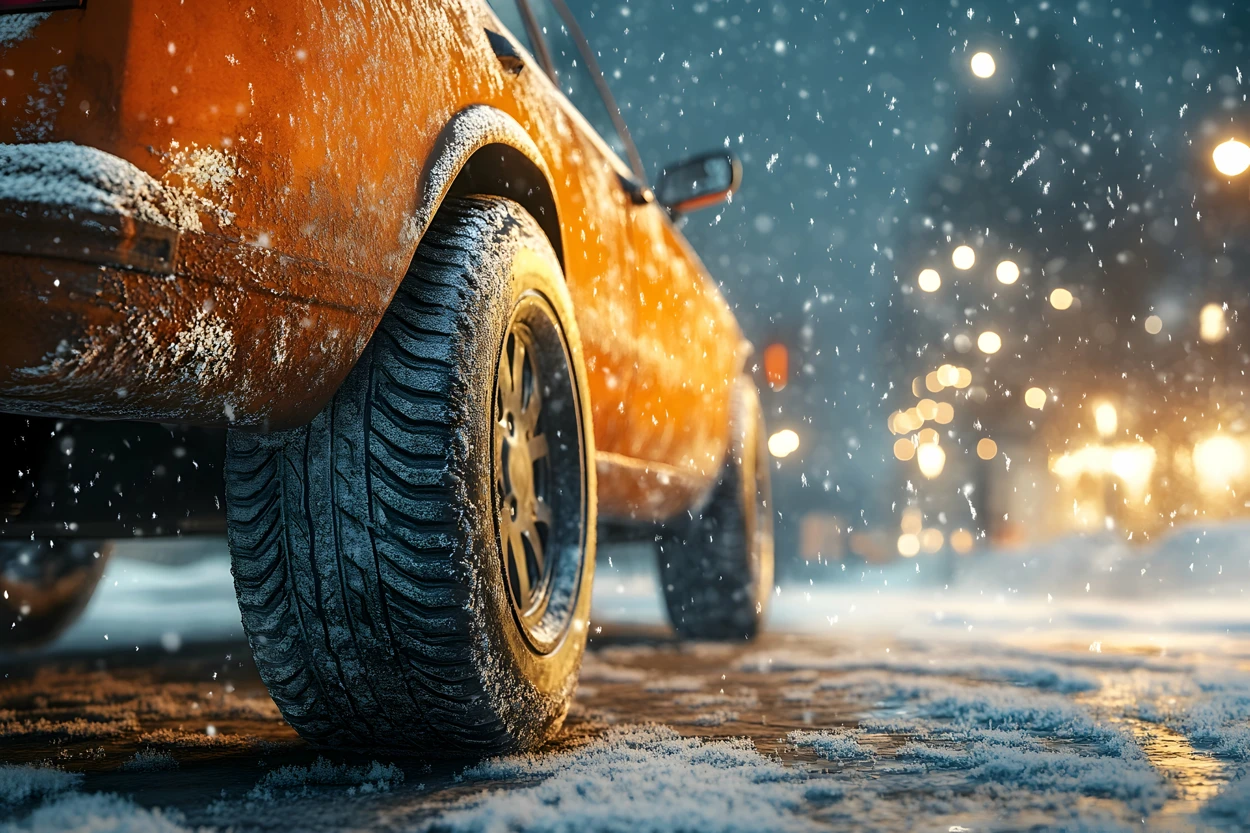 Close-up of a luxury car tire on a snowy street at night